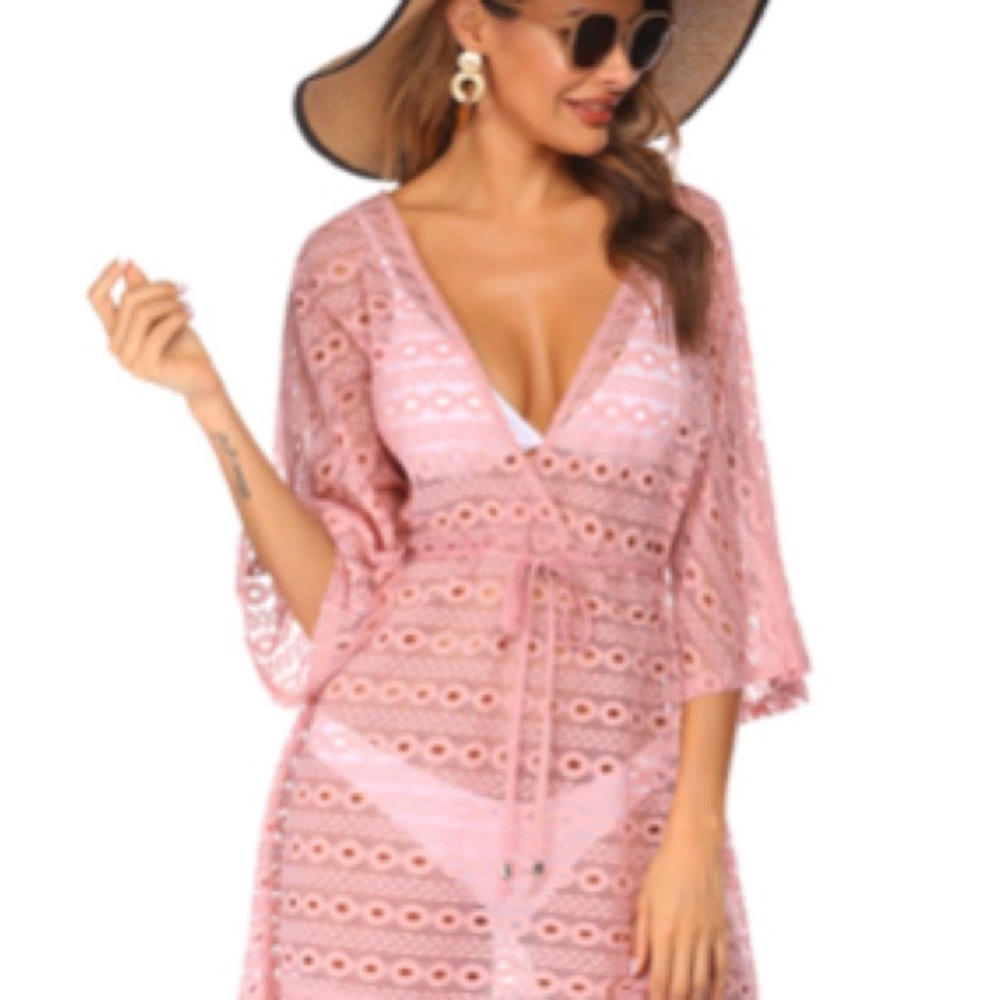 Pink Crochet Lace Swim Coverup with Bell Sleeves